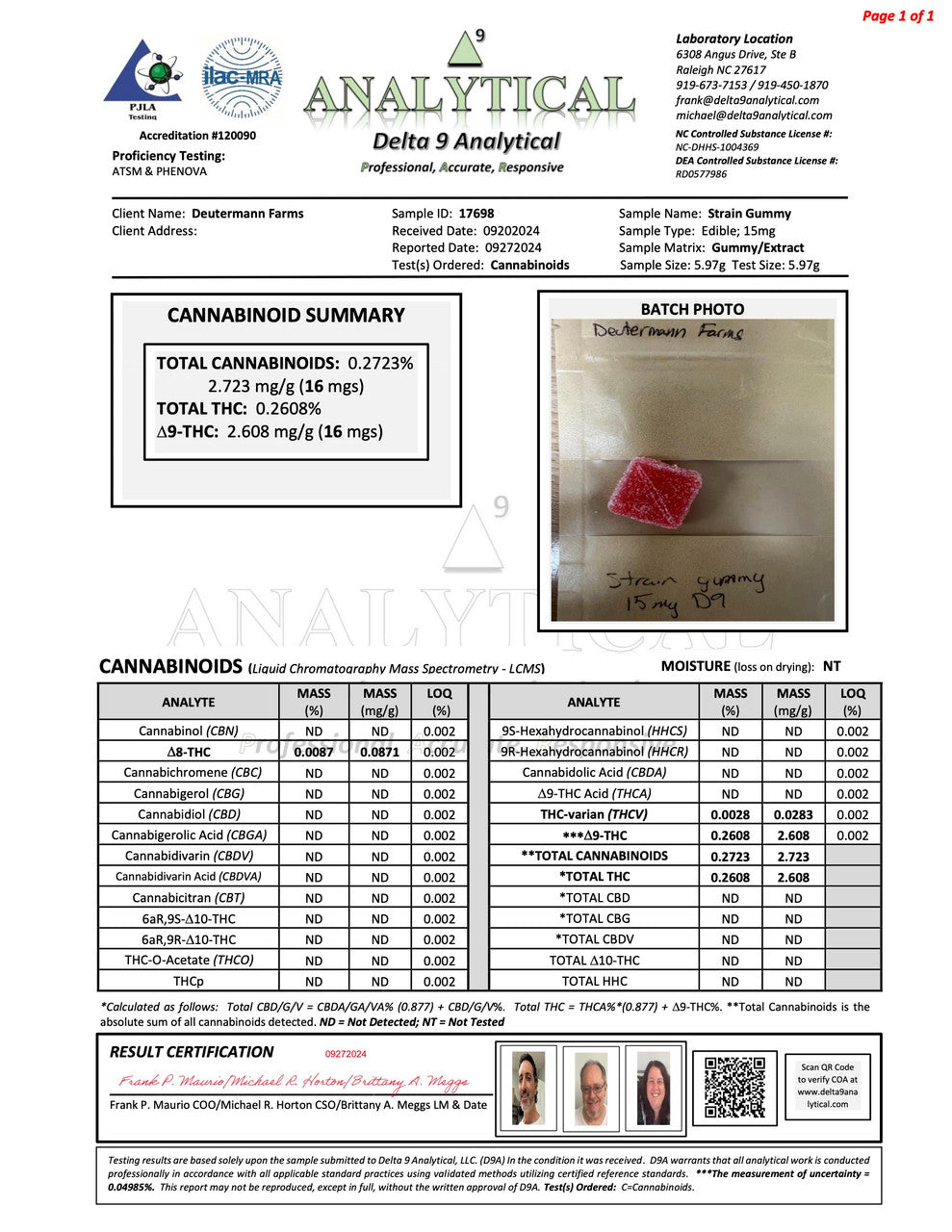 Deutermann Farms Single Strain + CDTs Gummies
